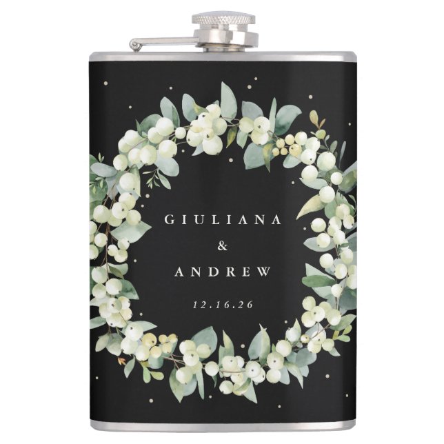 Flasques Mariage personnalisé Snowberry & Eucalyptus Wreath (Devant)