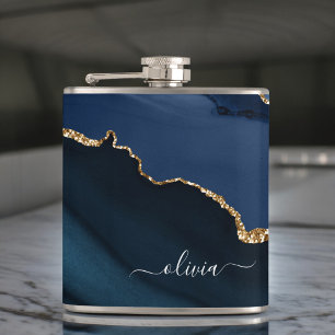 Flasques Marine Blue Agate Géode Or Monogramme moderne