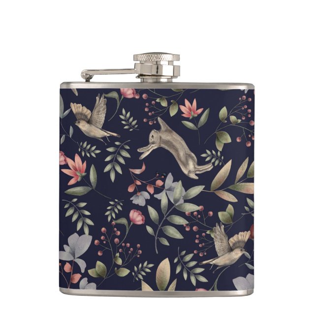 Flasques Marine Blue Woodland Animaux Floral Feuille Motif (Devant)