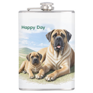Flasques Mastiff Dogue anglaise avec enfant en vacances