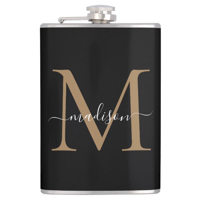 Flasques Moderne Black Gold Stylish Monogramme Girly Script (Devant)