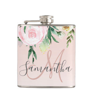 Flasques Moderne Pastel Rose & Fleurs Avec Nom