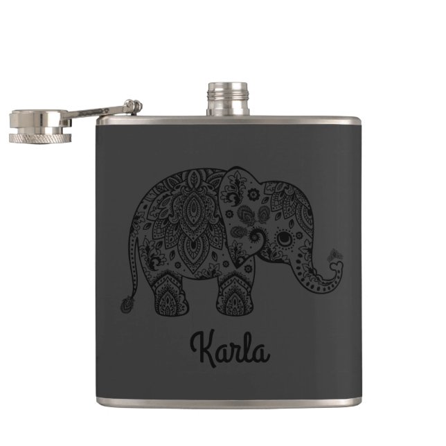 Flasques Monochromatique noir rétro Paisley Elephant (Ouvert)