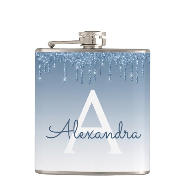 Flasques Monogramme à Parties scintillant à goutte bleue (Devant)