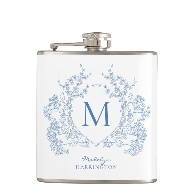 Flasques Monogramme de crête Florale Bleu Français Classiqu (Devant)