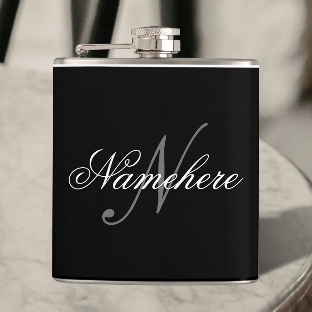 Flasques Monogramme de nom noir et blanc personnalisé uniqu (Créateur téléchargé)