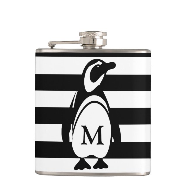 Flasques Monogramme de pingouin noir et blanc et rayures (Devant)