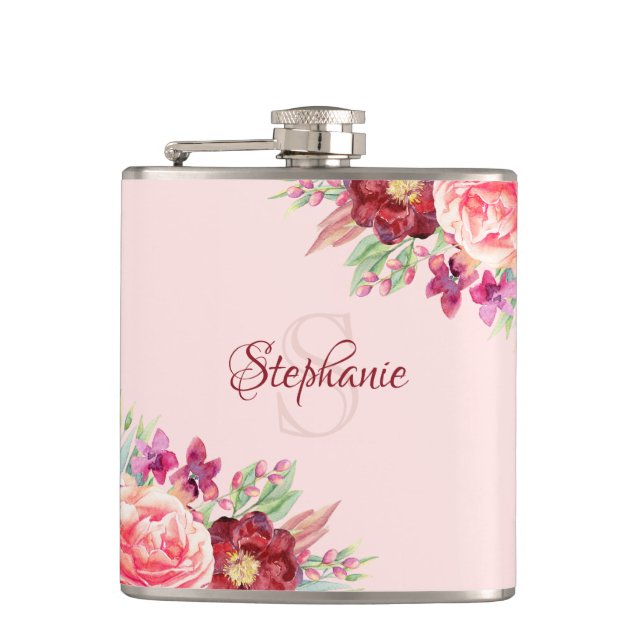 Flasques Monogramme floral moderne personnalisé Bourgogne (Devant)