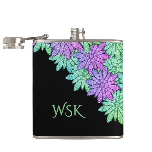 Flasques Monogramme Fun Purple et Fleurs Vertes (Ouvert)