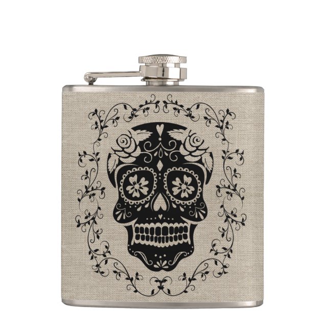 Flasques Monogramme Hipster Black Sugar Crâne sur Burlap (Devant)