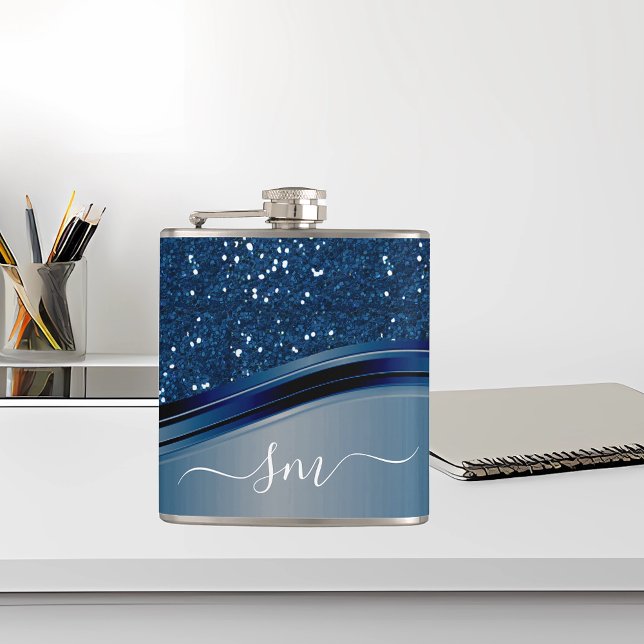 Flasques Monogramme manuscrit Bleu marine Paillettes métall (Créateur téléchargé)