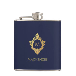 Flasques Monogramme Marine Bleu Faux Or Élégante crête Vint