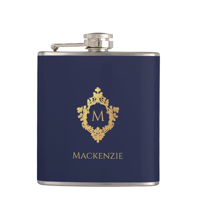 Flasques Monogramme Marine Bleu Faux Or Élégante crête Vint (Devant)
