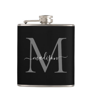 Flasques Monogramme moderne noir gris argenté Nom du script
