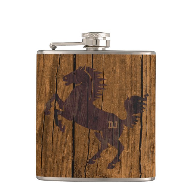 Flasques Monogramme Rustique en bois Look Horse Flask (Devant)