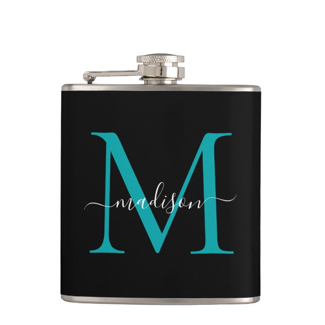 Flasques Monogramme Turquoise moderne noir vert Monogramme  (Devant)