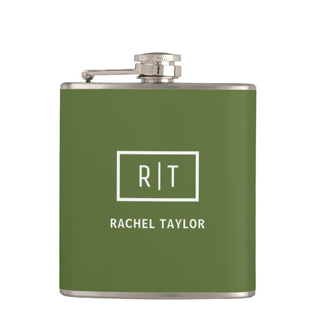 Flasques Monogramme vert olive foncé moderne (Devant)