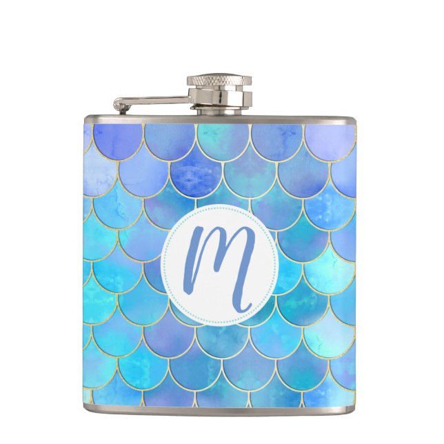 Flasques Motif Aqua Pearlescent & Gold Mermaid (Devant)