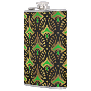 Flasques Motif Art déco or et vert sur noir