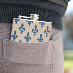 Flasques Motif Fleur de Lis, Bleu Royal Français sur Crème