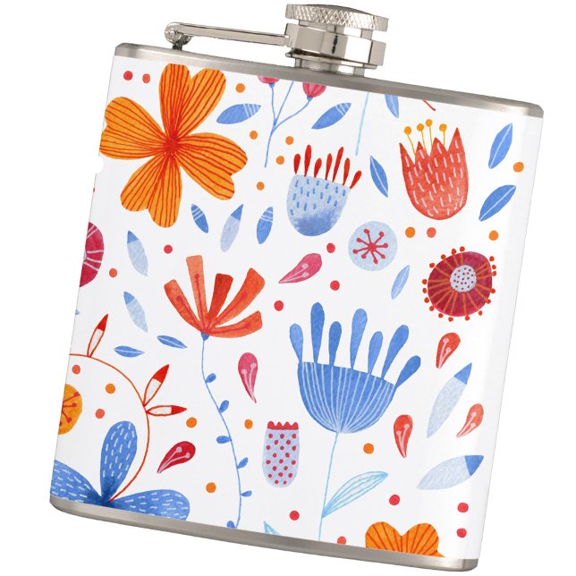 Flasques Motif Fleur sauvage Floral Watercolor (Blue white and orange wildflower floral watercolor pattern hip flask)