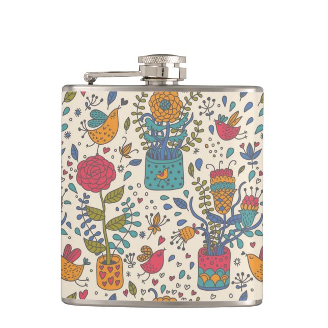 Flasques Motif floral de bande dessinée avec les oiseaux 2 (Devant)