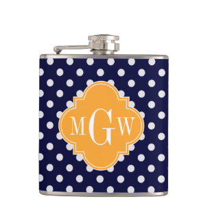 Flasques Navy Wt pois Cantaloupe Quatrefoil 3 Monogramme