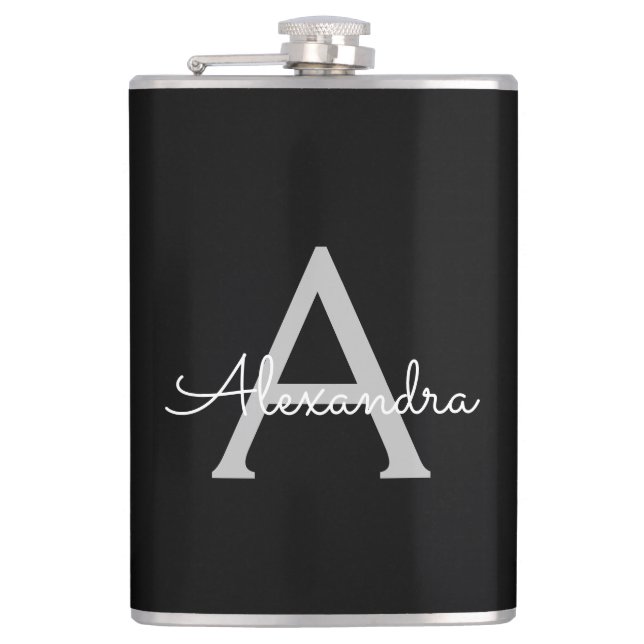 Flasques Noir Argent moderne Script Girl Monogramme Nom (Devant)