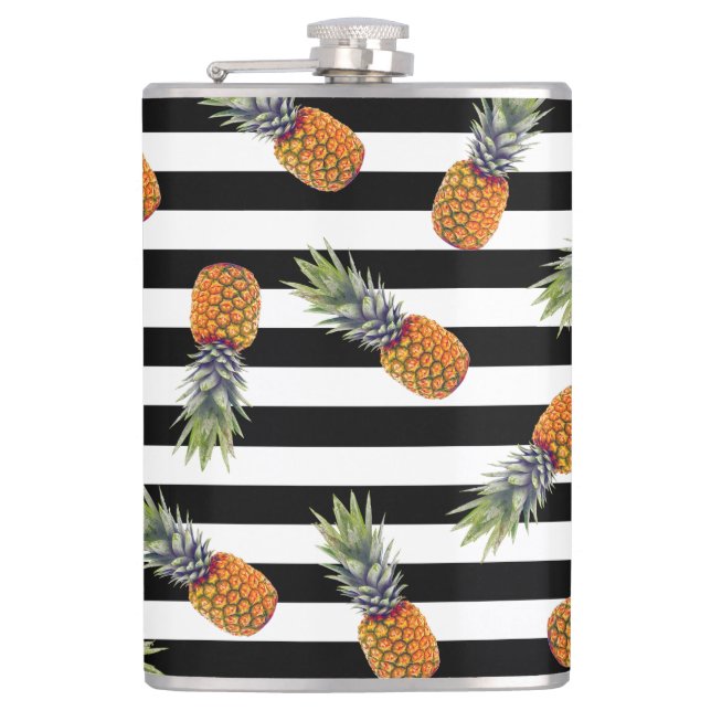 Flasques Noir Girly du motif | d'ananas d'été barré (Devant)