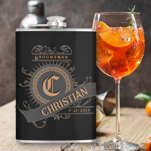 Flasques Noir/Gris/Or vintage avec Groomsman initial
