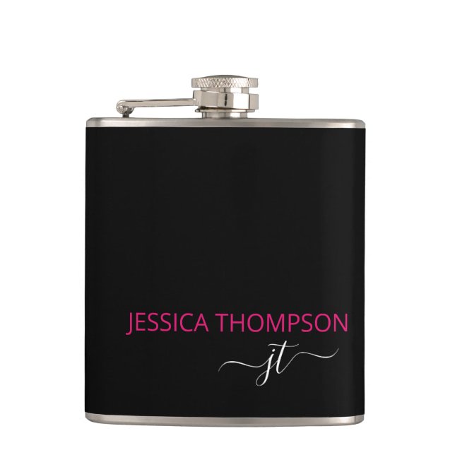 Flasques Noir rose chaud moderne Simple Script Monogramme N (Devant)