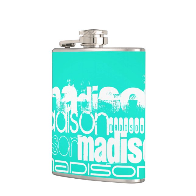Flasques Nom personnalisé, blanc et néon Aqua Turquoise (Gauche)