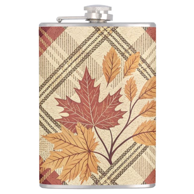 FLASQUES OR VERT ROUGE CHUTE PLAID MOTIFS AVEC FEUILLES (Devant)