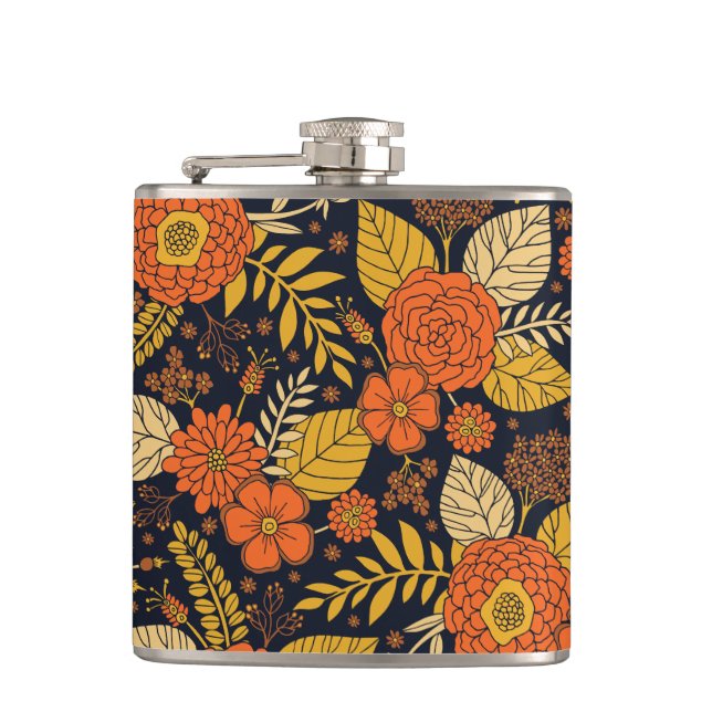 Flasques Orange rétro, Jaune & Marine Floral  (Devant)