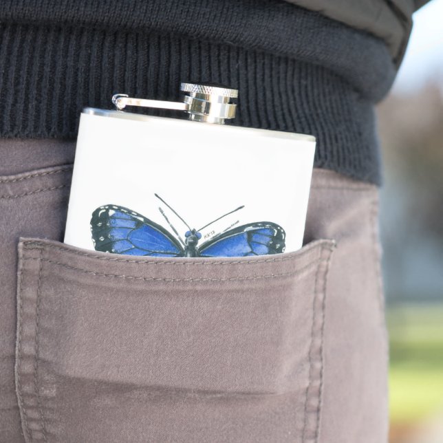 Flasques Papillon bleu Morpho aquarelle peinture (In Situ)