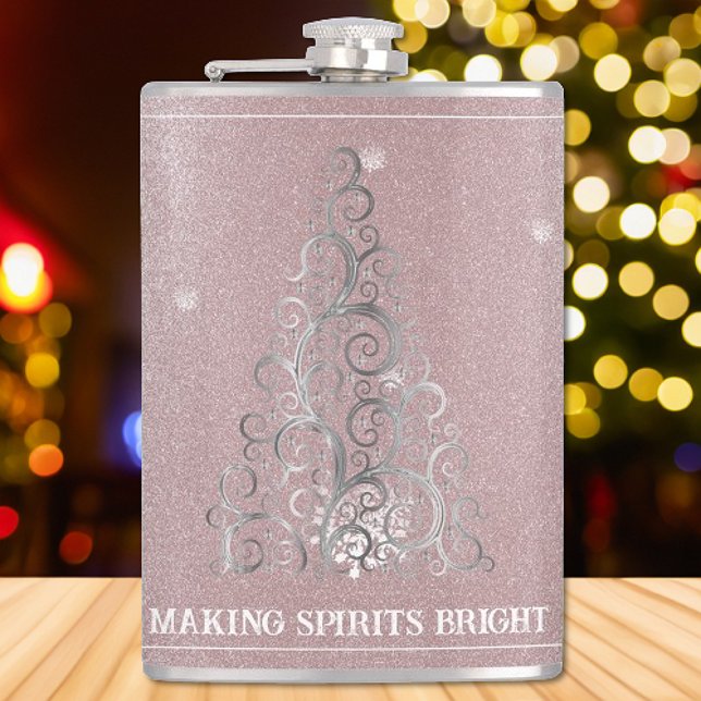 Flasques Parties scintillant d'arbre de Noël et flocons de  (Pink Christmas Tree Glitter and Snowflakes Flask)