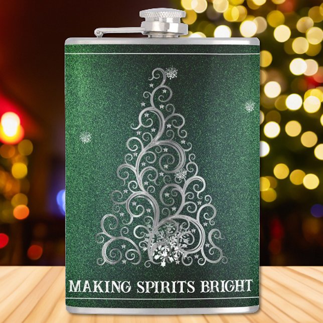Flasques Parties scintillant d'arbre de Noël et flocons de  (Green Christmas Tree Glitter and Snowflakes Flask)
