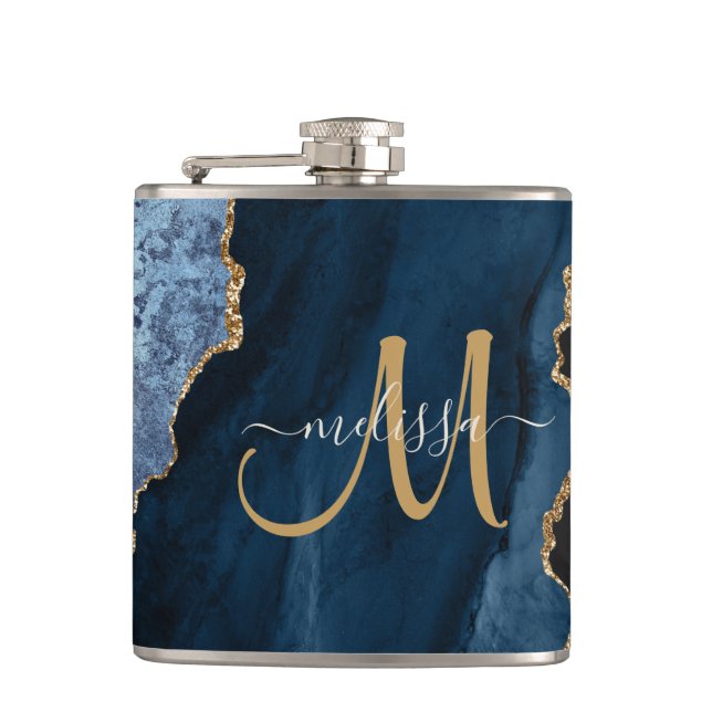 Flasques Parties scintillant d'or bleu chic Agate Monogramm (Devant)