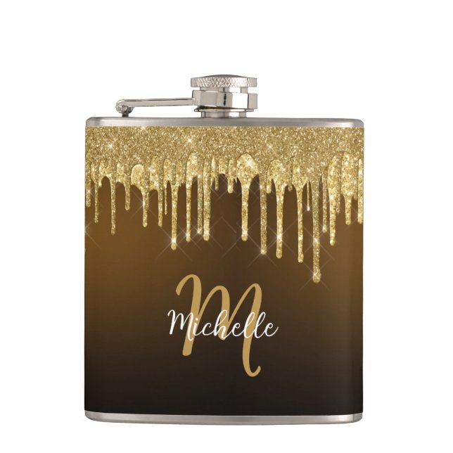 Flasques Parties scintillant d'or Monogramme étincelante mi (Devant)