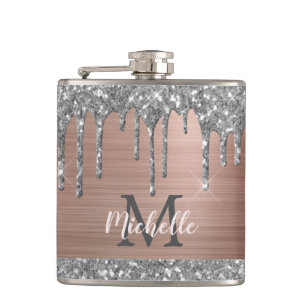 Flasques Parties scintillant en argent sur métal rose Monog