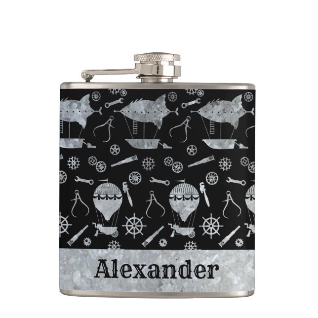 Flasques Petit Steampunk Silver Zinc Aéronef Nom personnali (Devant)
