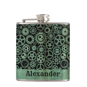 Flasques Petit Steampunk Verdigris Bronze Gears Nom personn