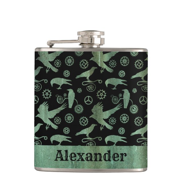 Flasques Petit Steampunk Verdigris engrenages et corbeaux s (Devant)