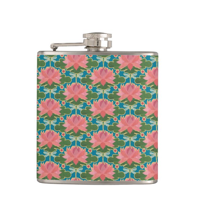 Flasques Pink Water Lys and Dragonflies Hip Flask (Devant)