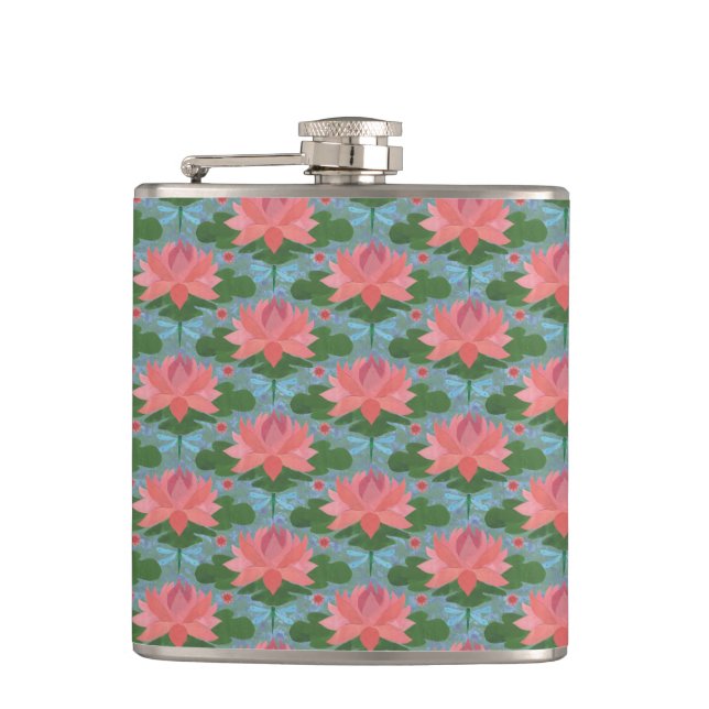 Flasques Pink Water Lys and Dragonflies Hip Flask (Devant)