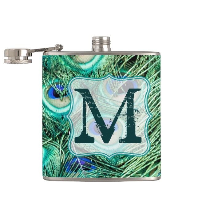 Flasques Plumes d'oiseaux de paon Turquoise Monogramme Flac (Ouvert)