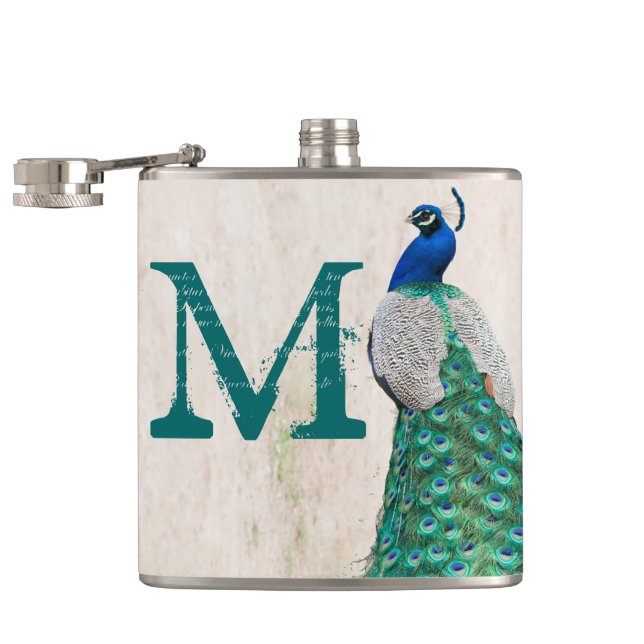 Flasques Plumes d'oiseaux de paon Turquoise Monogramme Flac (Ouvert)
