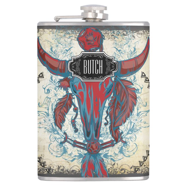 Flasques Plumes Noir Rouge bleu Vache Crâne Floral Tribal (Devant)