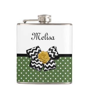Flasques Points verts mignons Rose jaune Chevron Bow et nom