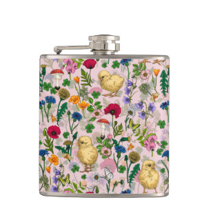 Flasques Poulets et fleurs sauvages sur coton bonbon rose